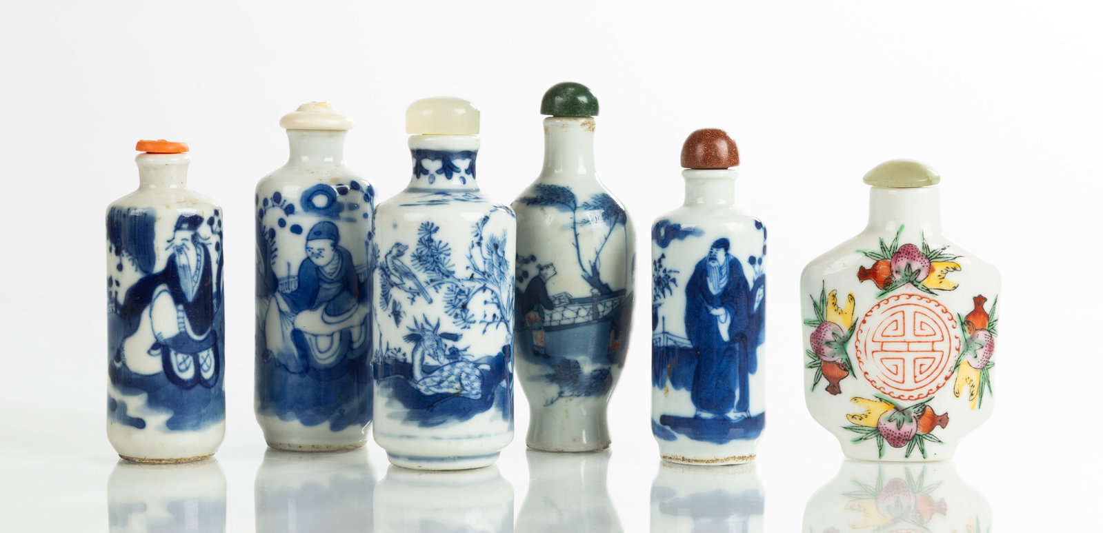 Porcelain Blue and White & Polychrome Snuff Bottles: Porcelain Blue and White & Polychrome Snuff Bottles One with four character signature (to underside). Max Ht. 3 3/4 in. Private collection, Binghamton, New York.