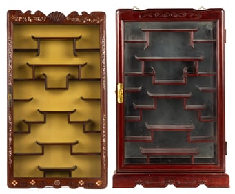 Two Teakwood & Mother-of-Pearl and Rosewood Snuff Bottle & Netsuke Display Cases