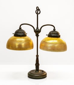 Tiffany Studios Double Student Lamp with Gold Damascene Shades