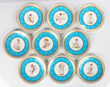 Nine Minton Enameled Turquoise Ground Portrait Plates