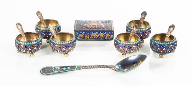 Russian Gilt Silver & Cloisonne Enamel Salts, Trinket Box, & Spoon