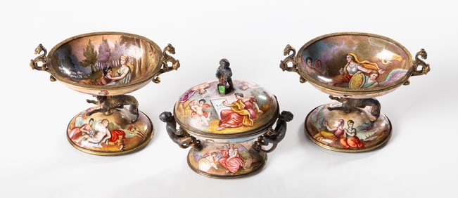 Three Viennese Gilt Silver & Porcelain Enameled Cabinet Pieces