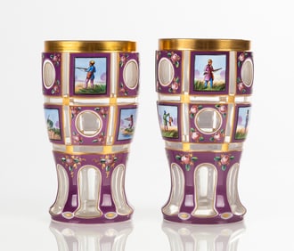 Pair of Baccarat & Bristol Faceted Purple Overlay Glass Goblets
