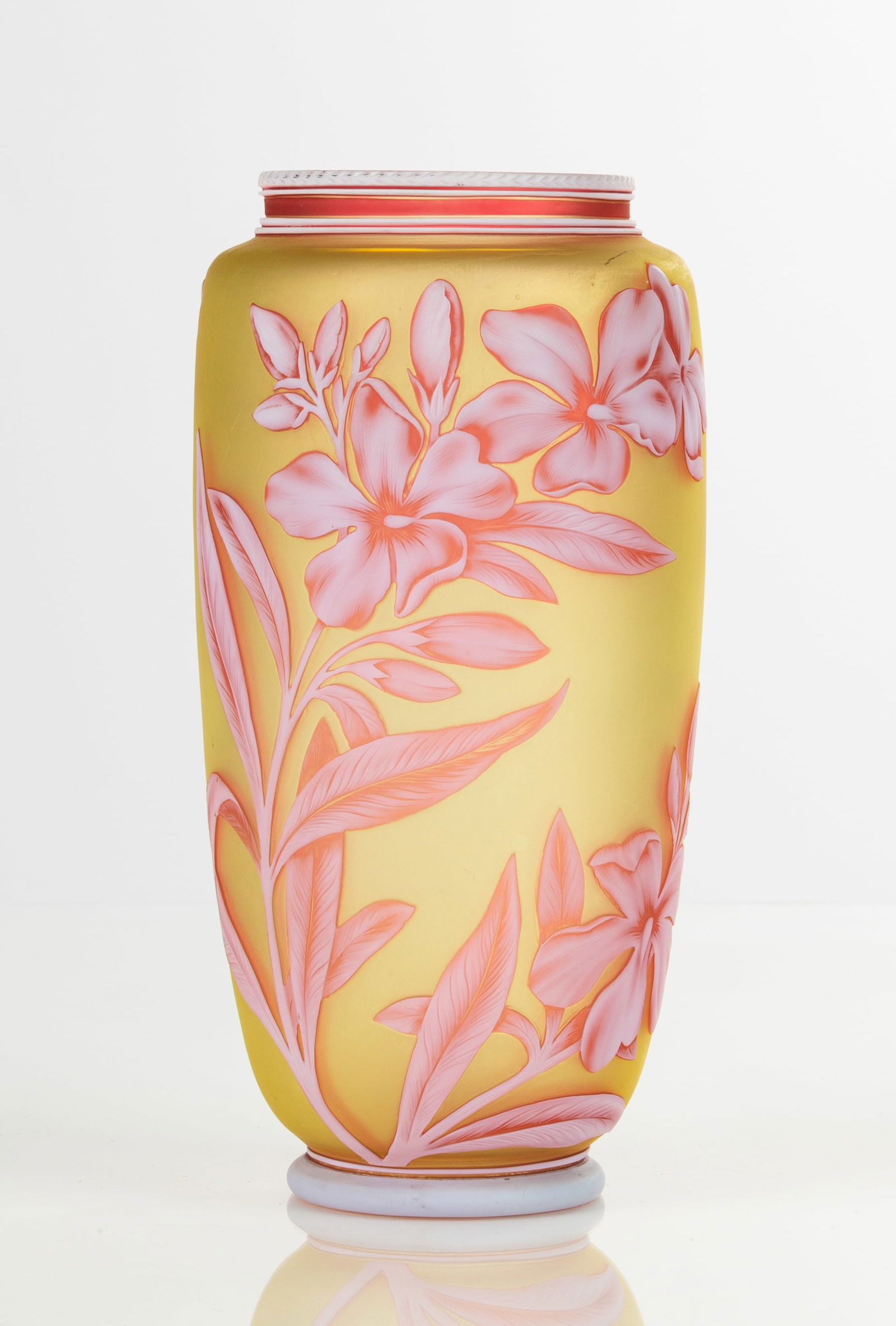 Thomas Webb Cameo Glass Vase: Thomas Webb Cameo Glass Vase Thomas Webb & Sons, circa 1880-1890. Clear glass wall overlaid in opaque white, translucent-red, and bright-yellow. Finely wheel-engraved with flower blossoms and butterfl