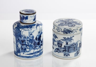 Chinese Blue & White Porcelain Tea Caddy & Covered Jar