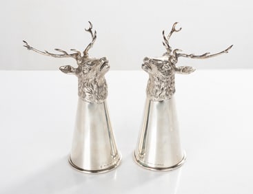 Tiffany & Co. Art Deco Silver Stirrup Cups with Stags