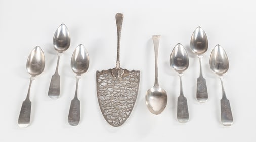 Hester Bateman George III Silver Cake Server & New York Coin Silver Spoons