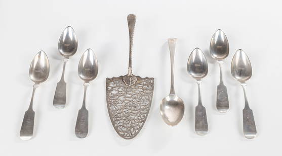 Hester Bateman George III Silver Cake Server & New York Coin Silver Spoons: Hester Bateman George III Silver Cake Server & New York Coin Silver Spoons Cake server, London, 1772, Hester Bateman, 1809-10, New York, 1835. Total weight: 13.5 troy ounces. Purchase Note: New custom