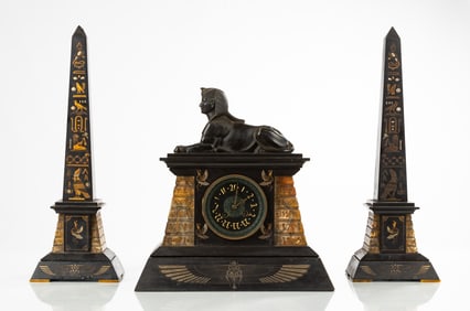 Egyptian Revival Mantel Clock & Garniture Obelisks