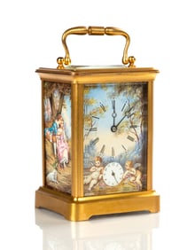 French Gilt-Bronze Carriage Clock with Four Enamel Panels