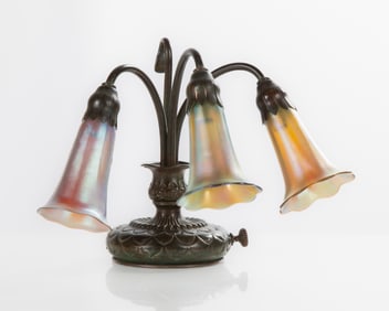 Tiffany Studios Three-Light Lily Desk Lamp with Art Glass Shades