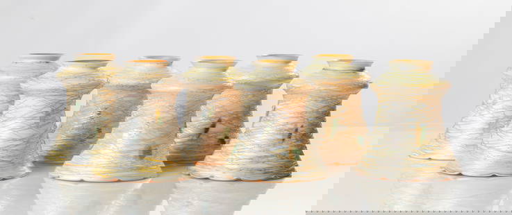 Six Quezal & Lustre Art Glass Shades: Six Quezal & Lustre Art Glass Shades Early 20th century. Iridescent threaded hearts with gold aurene interior. Four signed 'Lustre', two signed 'Quezal'. Ht. 5 1/2 in.