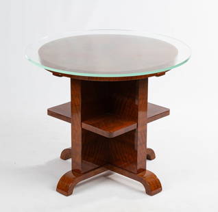 Art Deco Burl Walnut Occasional Table: Art Deco Burl Walnut Occasional Table Early 20th century. Burl walnut veneer with custom plate glass top. Ht. 25 in. Max Dia. 30 1/2 in.