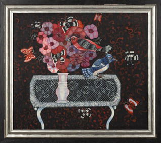 Sally Cook (Buffalo, New York, b. 1932) The Blue Jay Turns His Back on the Flowers and Stalks the Bu