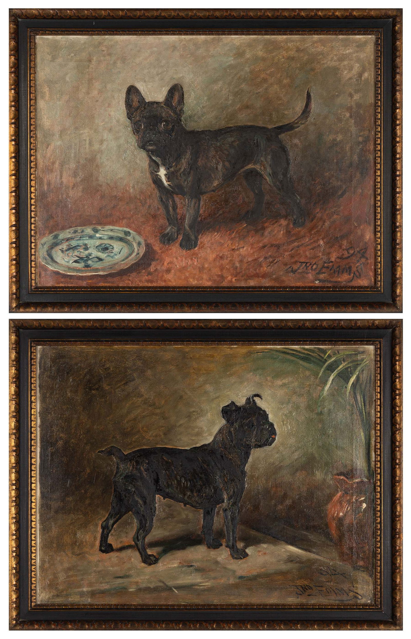 Two Boston Terrier Dog Portraits, Attributed to John Emms (British, 1843-1912): Two Boston Terrier Dog Portraits, Attributed to John Emms (British, 1843-1912) Oil on canvas. Each signed (lower right). 20 x 27 in. (each)