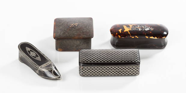 19th Century Trinket / Snuff Boxes: 19th Century Trinket / Snuff Boxes 800 silver, wood, enamel, and shell. Max L. 3 7/8 in. Estate of Sidonie (Triepel) Williams, Buffalo, New York.