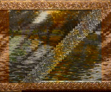 Louis Aston Knight (American, 1873-1948) "Sunset at Noisy-le-Grand": Louis Aston Knight (American, 1873-1948) "Sunset at Noisy-le-Grand" Oil on canvas. Signed 'Aston Knight / Pairs' (lower right). Titled on reverse in pencil 'Sunset at Noisy le Grand'. Catalog Note: Th