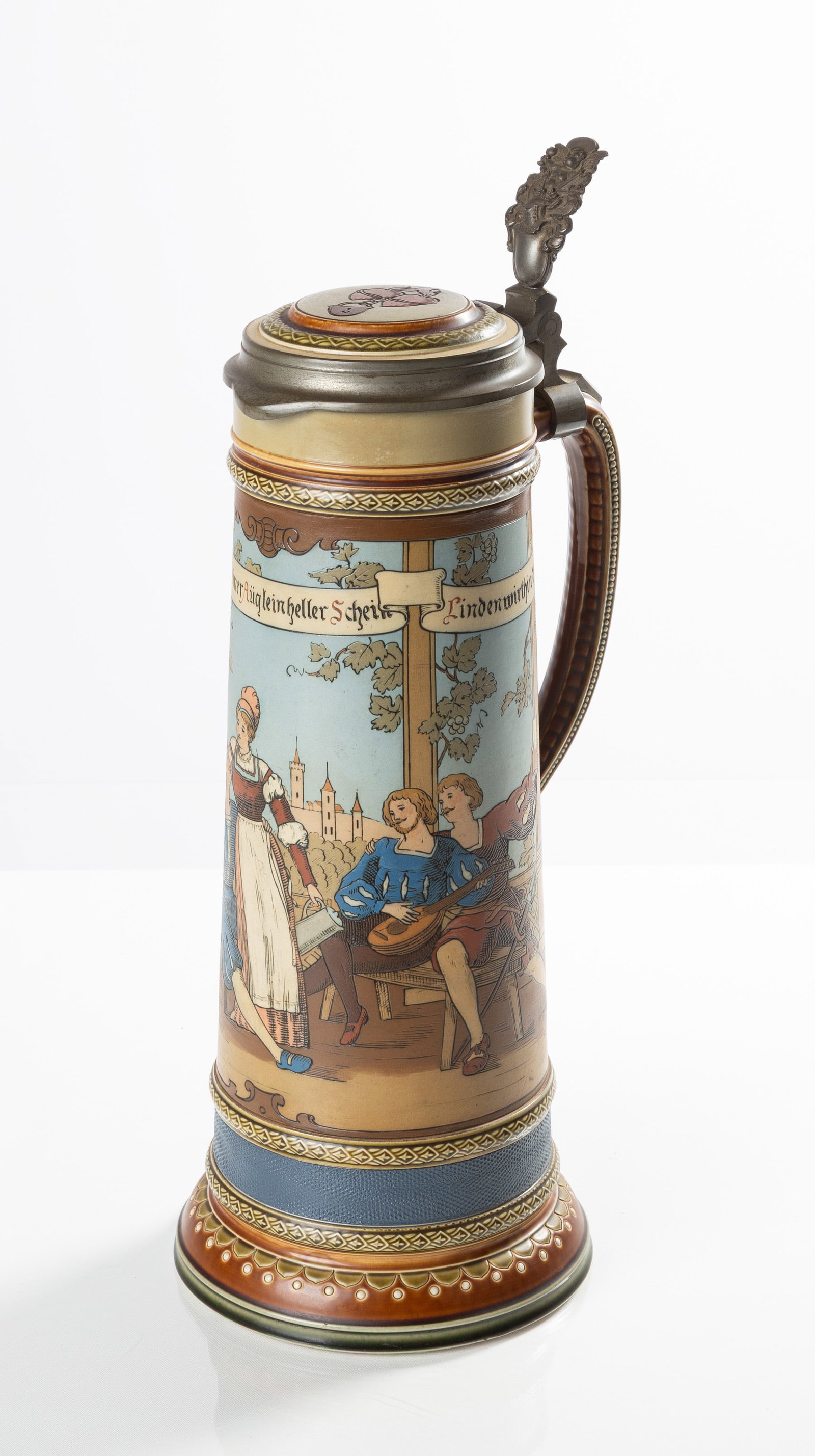 Mettlach Stein "Drinker with the Owner of Zur Linde": Mettlach Stein "Drinker with the Owner of Zur Linde" Catalog No. 2286. Pottery, etched. Inlaid lid. 2.6 L. Text: "Angetan hat's mir dein Wein, deiner Auglein heller Schein, Lindenwirtin du Junge!" (Sm