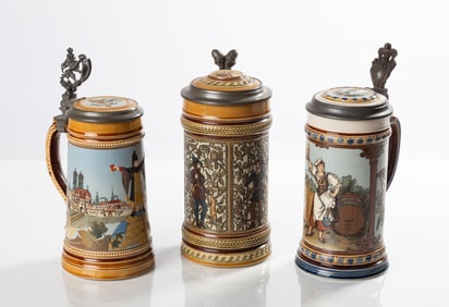 Three Mettlach Steins, "Schutzenliese", "Munich Child on the World Globe", & "Hunters"