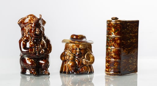 Rockingham Snuff Jar, Toby Jug, & Book Flask