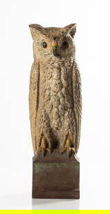 Rare Bradley & Hubbard Owl Doorstop: Rare Bradley & Hubbard Owl Doorstop Circa 1920. Cast iron and paint. Signed and numbered 'B. & H. 7797' (on reverse). Ht. 15 3/4 in.
