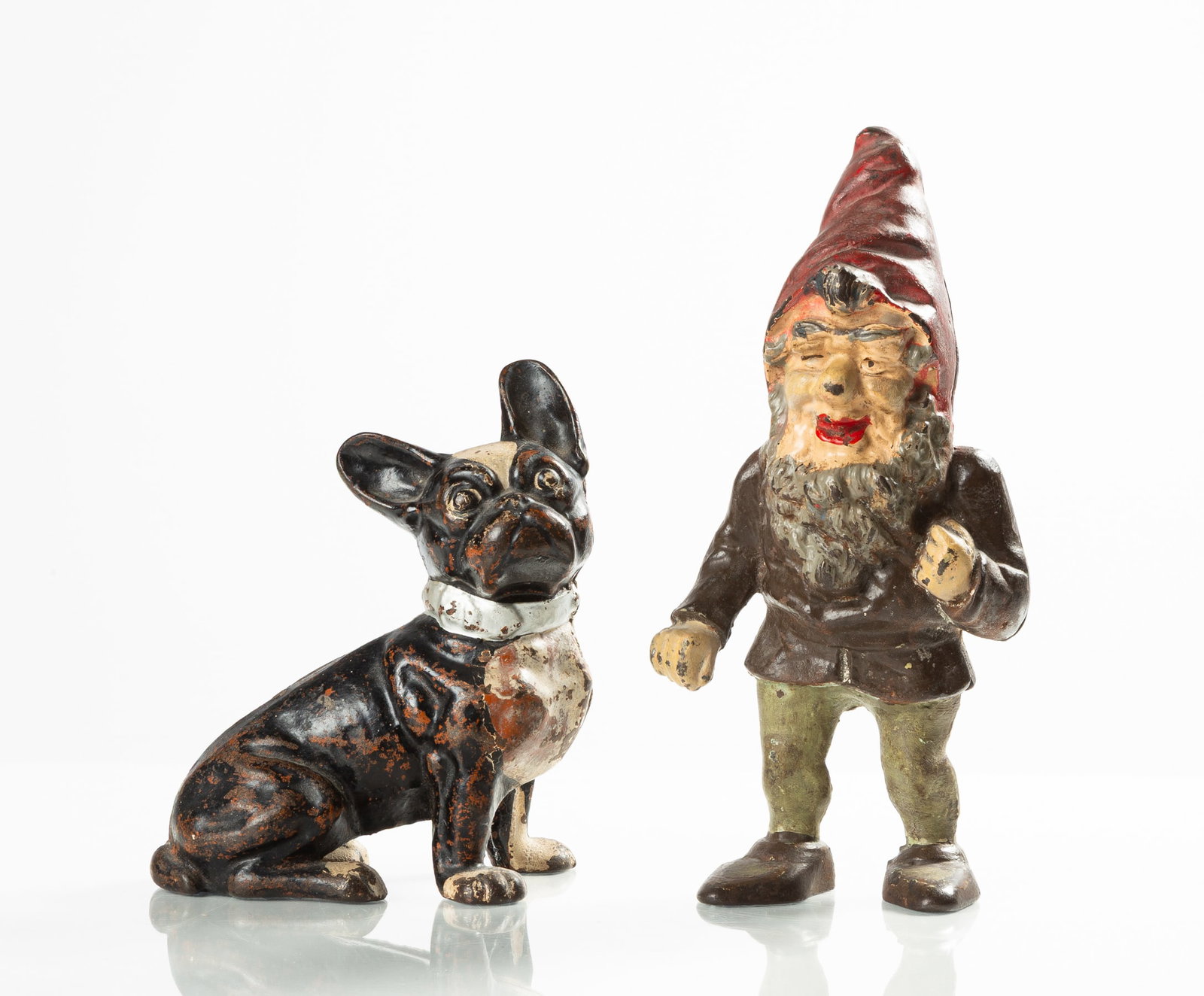Hubley Cast Iron French Bulldog & Gnome: Hubley Cast Iron French Bulldog & Gnome Circa 1920. Cast iron and paint. Max Ht. 11 1/4 in.