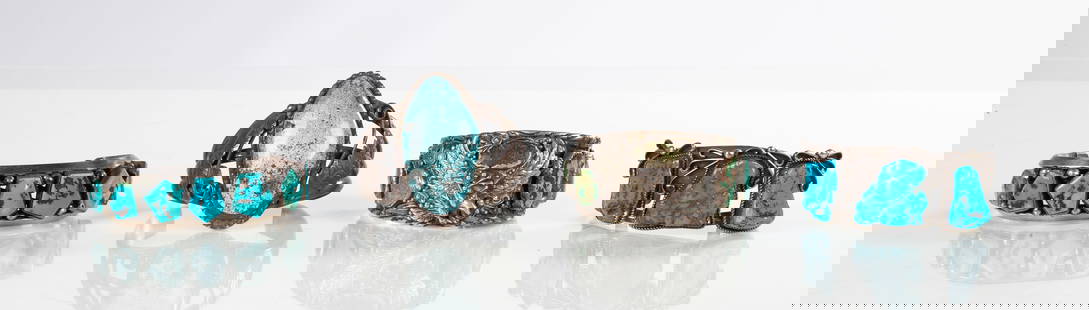 Four Navajo Turquoise & Silver Bracelet Cuffs: Four Navajo Turquoise & Silver Bracelet Cuffs Marked 'KY Sterling', 'WM Sterling', 'Black Fox Sterling', and 'JR Sterling'. Total weight: 12 troy ounces. Max L. 3 in. Max W. 2 3/4 in. A Connecticut es