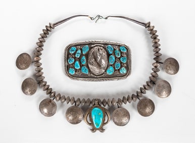 Navajo Silver & Turquoise Belt Buckle & Coin Necklace