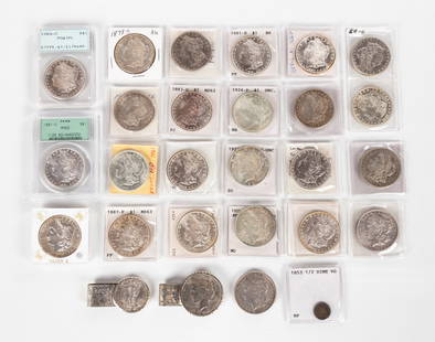 Silver Dollars & Silver Dollar Money Clips: Silver Dollars & Silver Dollar Money Clips Including (22) Morgan silver dollars, (2) Peace silver dollars, half dime, and silver dollar / half dollar money clips. Purchase Note: New customers purchasi