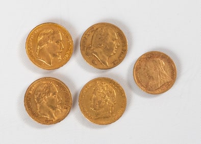 Four France 20 Franc Gold Coins (1819-1866) & 1889 Victoria Half Sovereign