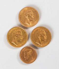 Three Prussian / Germany 20 Mark (1895-1908) & Russia 5 Ruble 1899 Gold Coins
