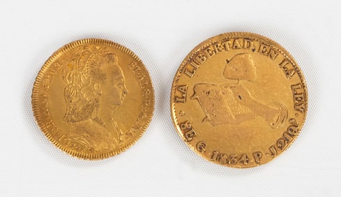 Mexico First Republic 8 Escudos 1834 & Brazil 6400 Reis - Maria I 1796 Gold Coins