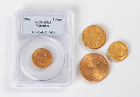 Columbia 10 & 5 Pesos, Chile 100 Pesos, & Philippines 4 Pesos Gold Coins: Columbia 10 & 5 Pesos, Chile 100 Pesos, & Philippines 4 Pesos Gold Coins Colombia 5 Peso 1926 - PCGS MS63. Colombia 10 Peso 1919. Chile 100 Pesos 1958. Philippines 4 Pesos 1868. Purchase Note: New cus