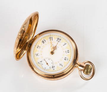 Elgin 14K Gold Pocket Watch: Elgin 14K Gold Pocket Watch 14K gold and mixed metal case. Porcelain enamel dial. 21 jewels. Weight: 135 grams. Purchase Note: New customers purchasing silver, gold, or jewelry are required to make pa