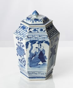 Chinese Hexagonal Blue & White Porcelain Covered Jar