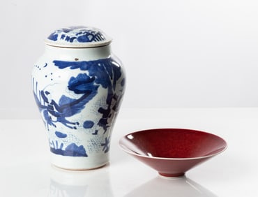 Chinese Blue & White Porcelain Covered Jar & Oxblood Bowl