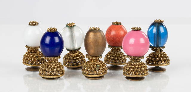 Seven Mandarin Hat Buttons: Seven Mandarin Hat Buttons 19th century. Gilt metal filigree, glass, and hardstone. Max Ht. 2 3/8 in.