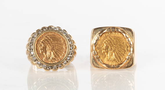 Men's 14K Gold & Diamond Rings with Indian Head Gold Coins: Men's 14K Gold & Diamond Rings with Indian Head Gold Coins Weight: 38 grams. Purchase Note: New customers purchasing silver, gold, or jewelry are required to make payment by wire or check unless previ