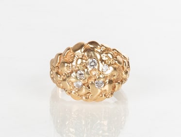 Men's 14K Gold Nugget & Diamond Ring
