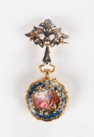 French 18K Gold, Enamel, & Diamond Lapel Watch