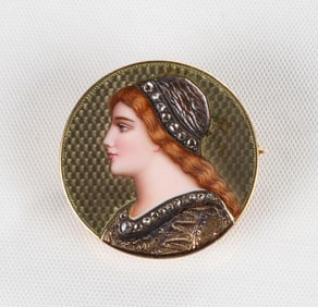 Golay Fils & Stahl, 18K Gold, Enamel, & Diamond Portrait Brooch