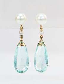 14K Gold, Pearl, & Aquamarine Earrings