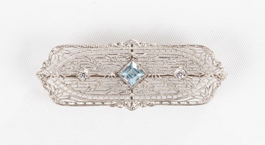 14K Gold, Diamond, & Aquamarine Brooch