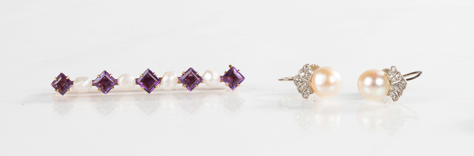 14K Gold & Pearl Earrings, Brooch, & Pendant: 14K Gold & Pearl Earrings, Brooch, & Pendant Earrings - 14K white gold, pearl, and diamond. Pearls average 8.6 mm. Diamonds set in platinum. Screw back clip-ons. Brooch - 14K gold, amethyst, and pearl