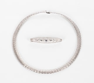 Ladies' Italian 14K White Gold Basket Weave Necklace & 14K White Gold & Sapphire Brooch