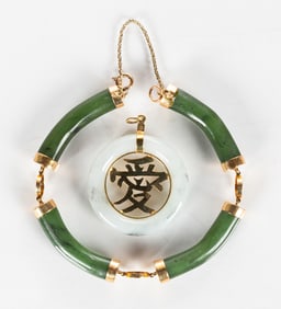 Ladies' 14K Gold & White / Spinach Jade Bracelet & Pendant with Shou Symbols