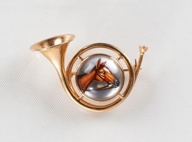 Henry Blank & Co. 14K Gold & Essex Glass Equestrian Hunting Trumpet Horn