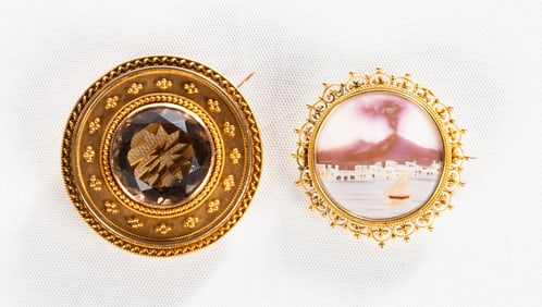 Ladies Pompeii Mount Vesuvius Shell Cameo Brooch & Citrine Brooch / Pendant