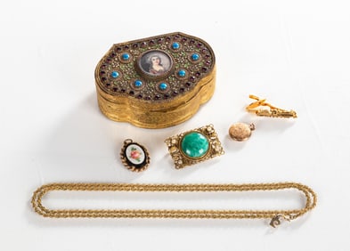 French Enameled Dresser Box & Silver / Gold Plated Jewelry