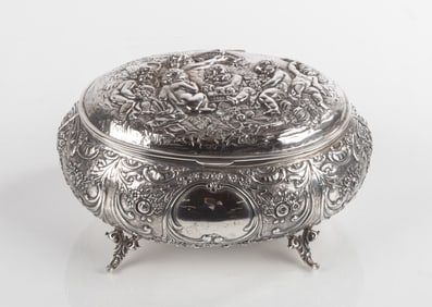 Silver Repousse Dresser Box with Putti